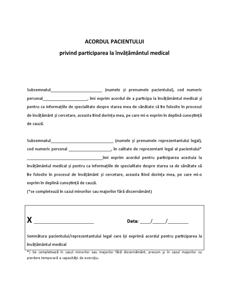 Acordul Pacientului Privind Participarea La Invatamantul Medical | PDF