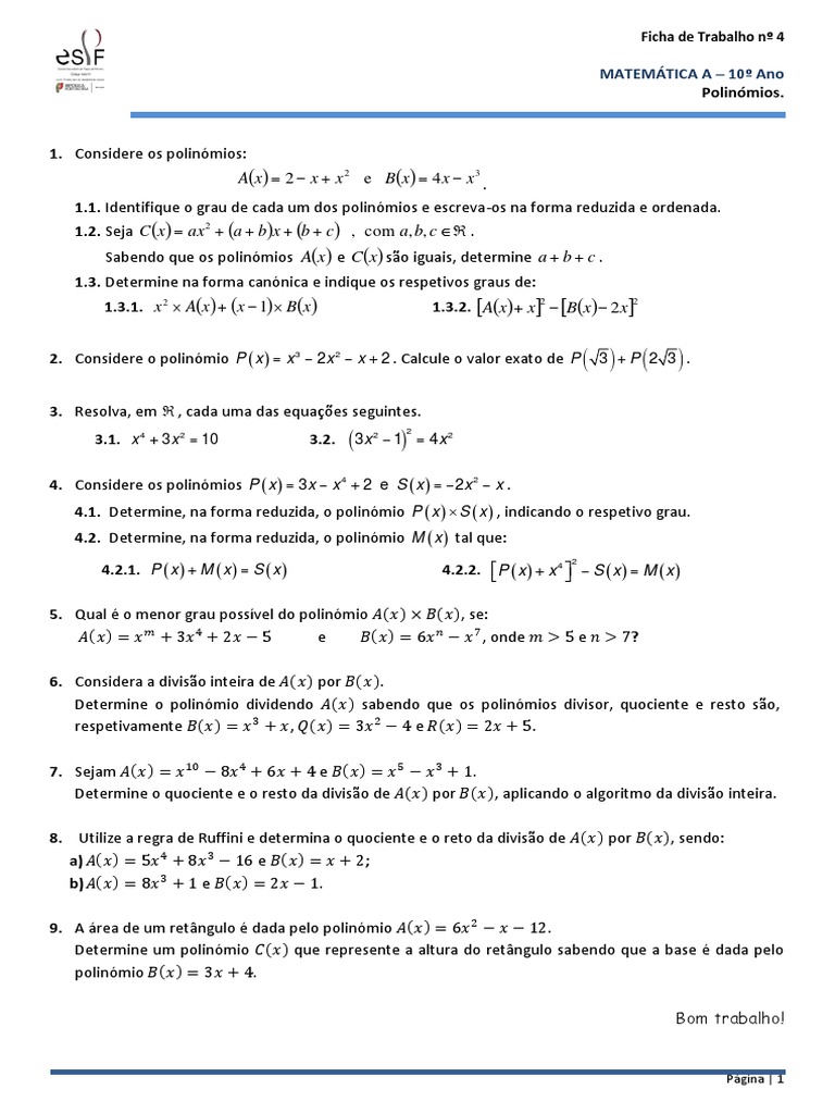 Polinômios: Exercícios e Resoluções | PDF | Divisão (Matemática ...
