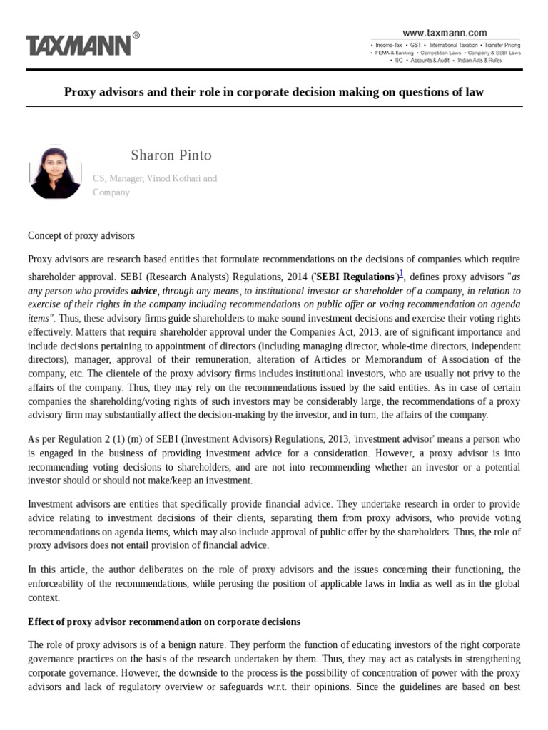 Sharon Pinto Proxy Advisors and Their Role in Corporate Decision