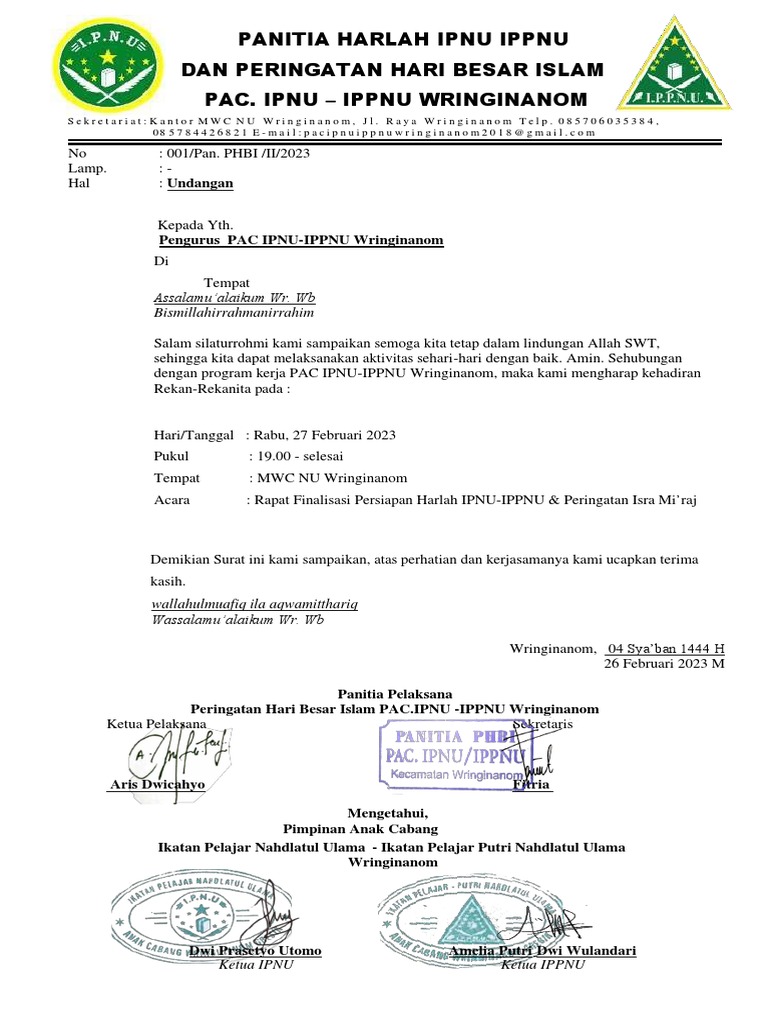 Undangan Rapat Harlah Ipnu - Ippnu Pac - Wringinanom | PDF