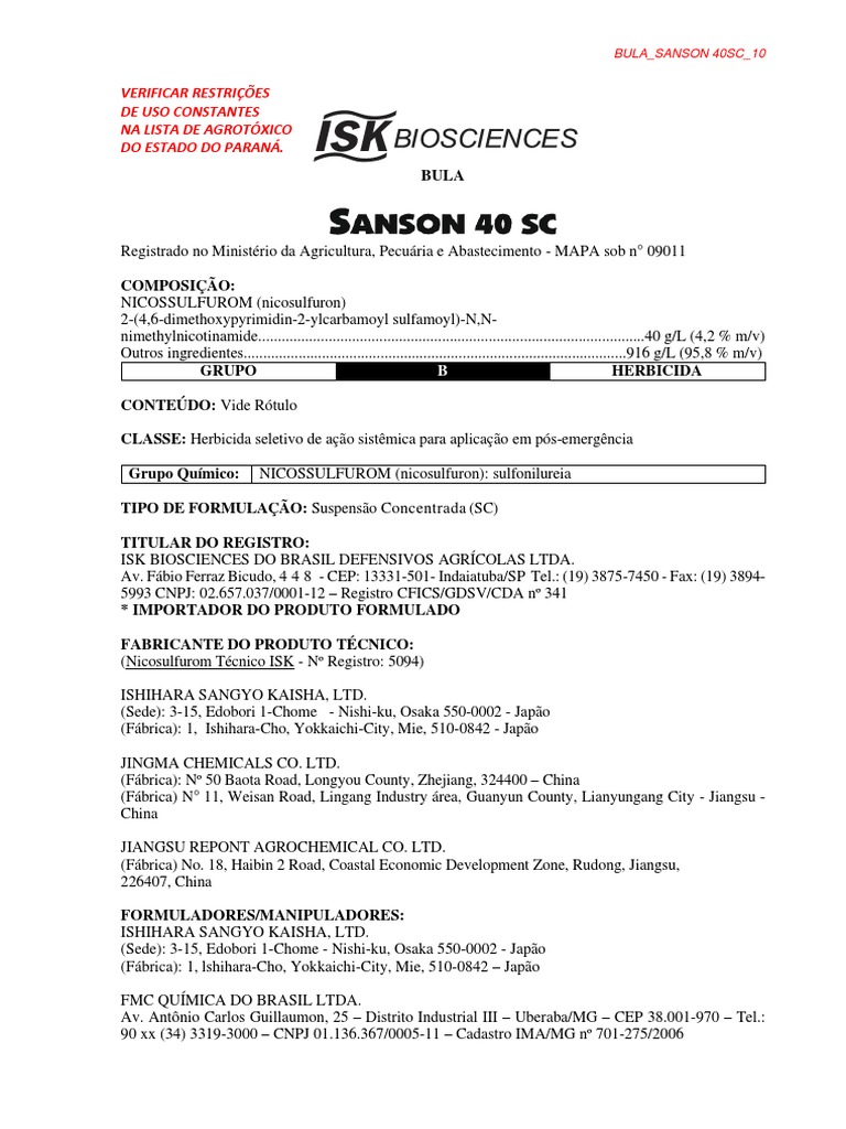 Sanson 40 SC 1020, PDF, Embalagem e rotulagem