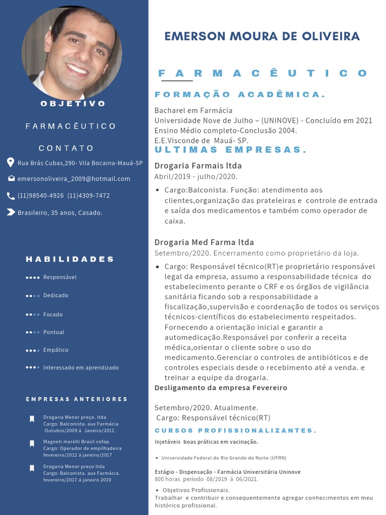 [Currículo do Farmacêutico Emerson Moura de Oliveira] PDF Farmacêutico Farmácia