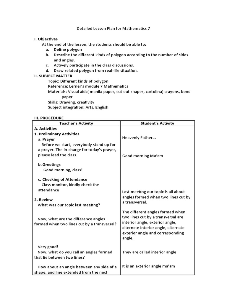 Grade 7 Polygon Lesson Plan | PDF | Polygon | Triangle