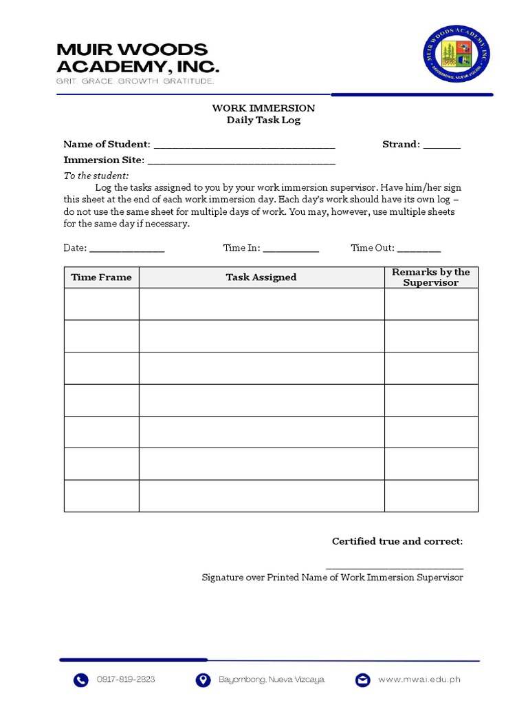 Daily Task Log for Work Immersion | PDF | Finance & Money Management