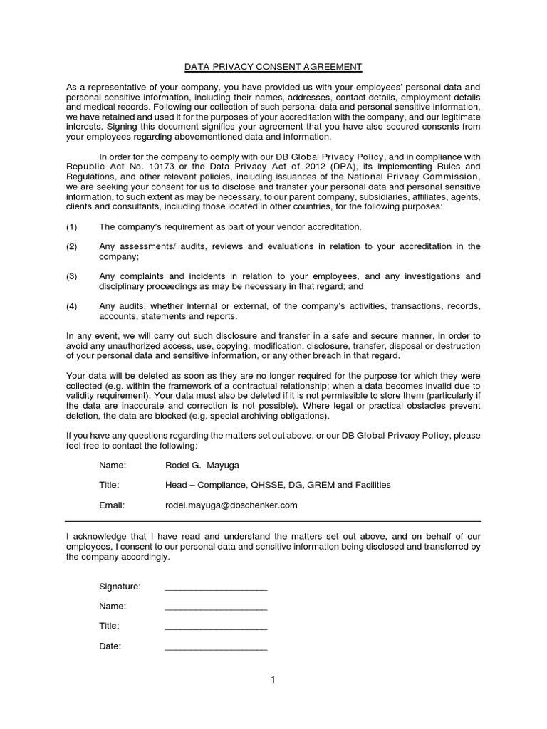 Data Privacy Consent Agreement Seeks Approval for Collection, Use and ...