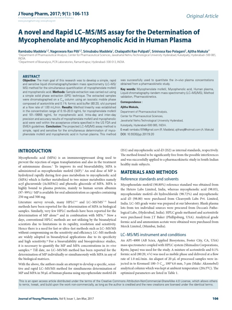 A Novel and Rapid LC-MS:MS Assay For The Determination of Mycophenolate ...