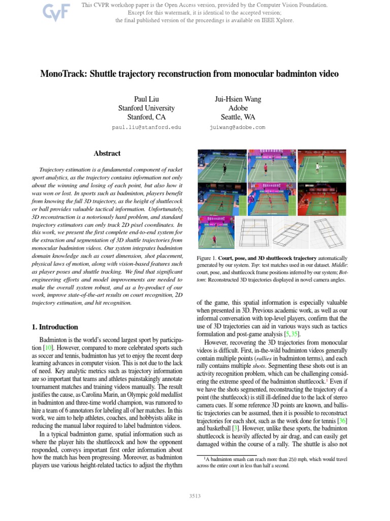 Liu monotrack shuttle trajectory reconstruction from monocular