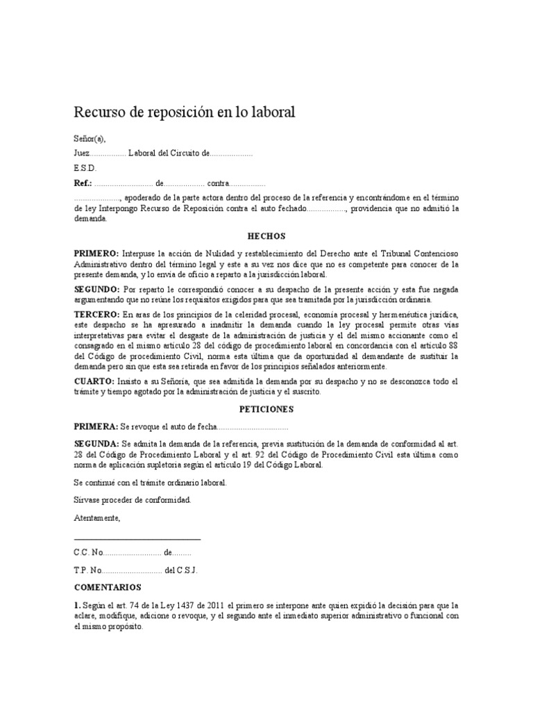 Recurso de Reposición Laboral | PDF | Procedimiento Civil | Demanda ...
