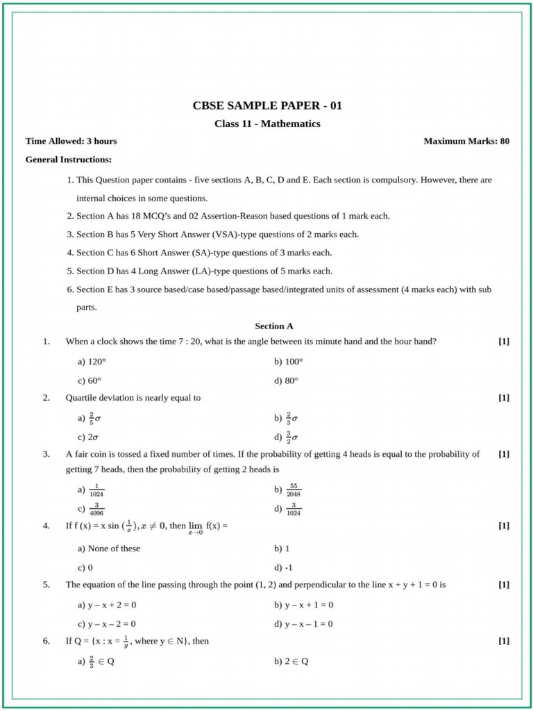11 TH Maths (Sample Papers) | PDF