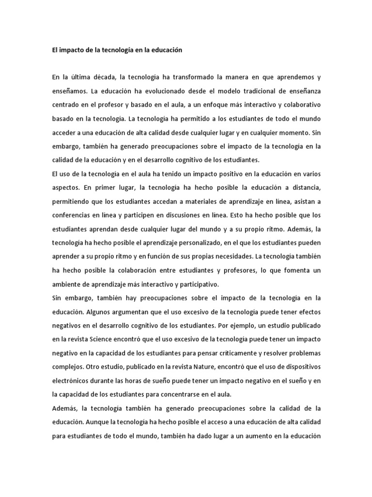 El Impacto de La Tecnología en La Educación | PDF | Aprendizaje | Salón ...