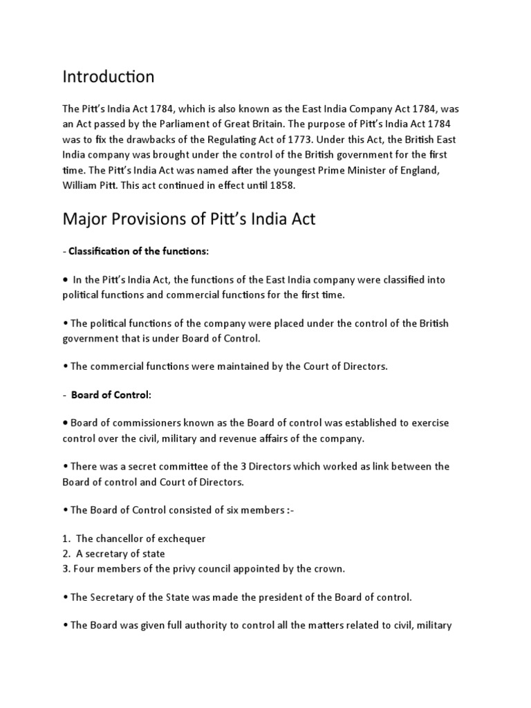 Pitt's India Act 1784 Established Dual Control PDF Government