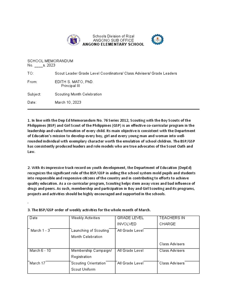 BSP Memo 2023 | PDF | Youth Organizations | Outdoor Recreation ...