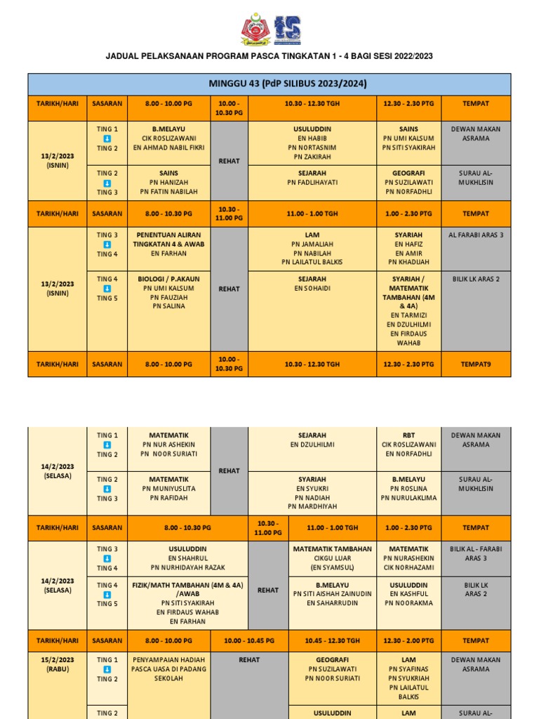 Jadual Pelaksanaan Program Pasca Tingkatan 1 - 4 | PDF