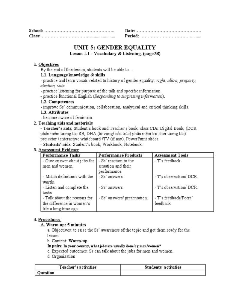 Gender Equality Lesson Plan: Vocabulary & Grammar | PDF | Question ...