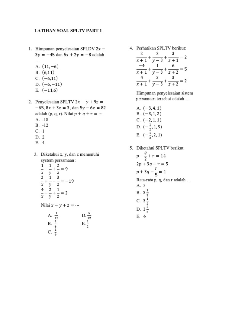 Latihan Soal SPLTV Kelas 10 | PDF