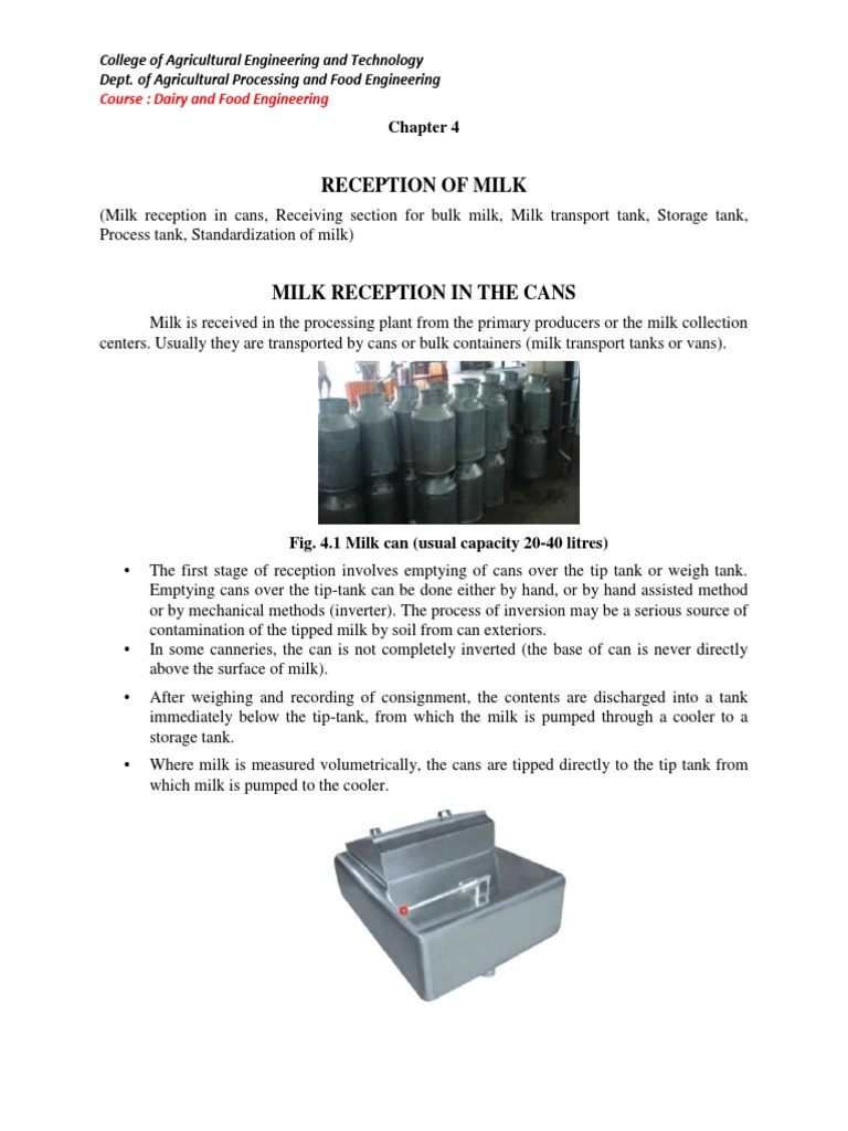 4Reception of Milk Dairy and Food Engineering PDF Milk Dairy