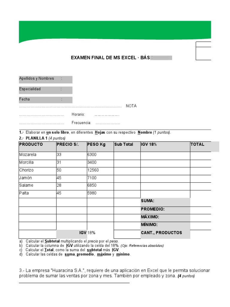 Examen Final Excel Basico 2019 5 | PDF | Microsoft Excel | Suites de ...