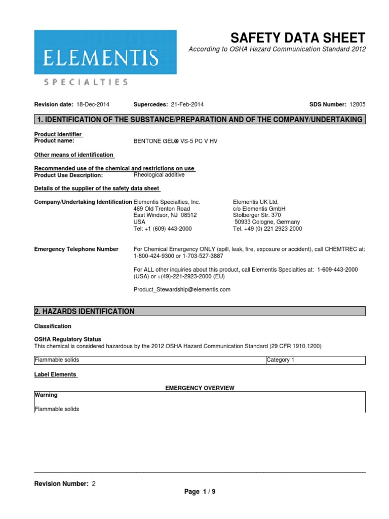 Bentone Gel VS-5 PC V HV Safety Data | PDF | Dangerous Goods | Toxicity