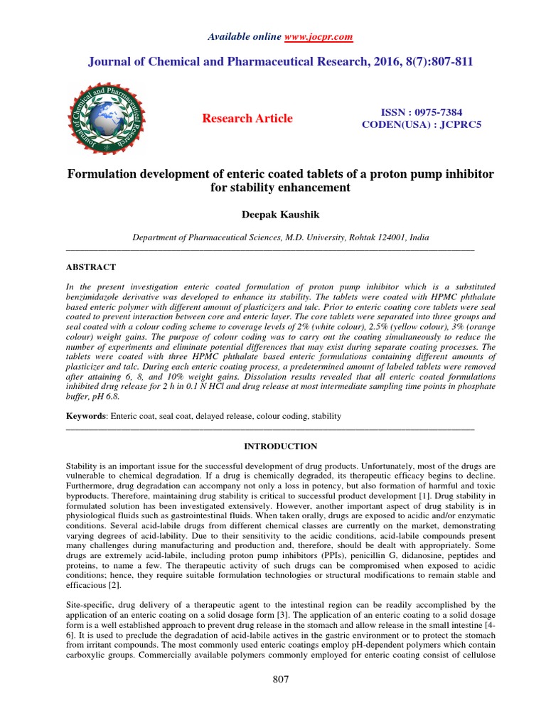 Enteric Coating for PPI Stability | PDF | Tablet (Pharmacy ...