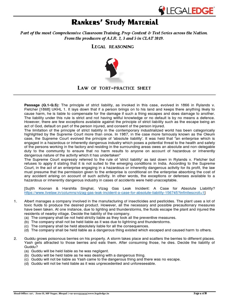 Law of Tort - Practice Sheet | PDF | Legal Liability | Negligence