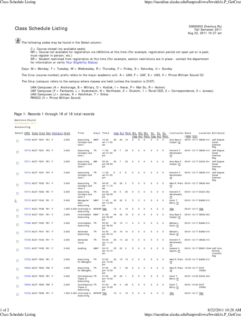 Fall 2011 UAF Accounting Classes | PDF | Academia