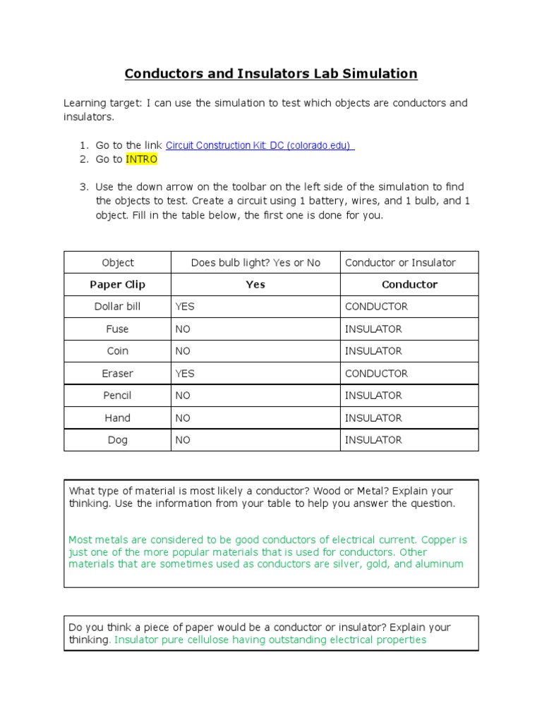Conductors and Insulators Lab Simulation Download Free PDF