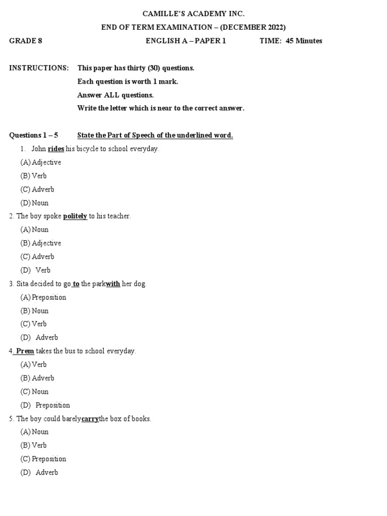 ENG A Grade 8 Paper 1 PDF Adverb Verb