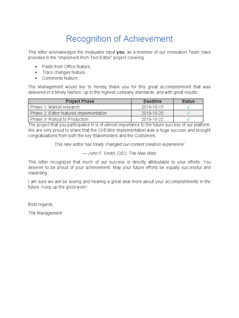 CKEditor5.PFO - Sample.Recognition of Achievement | PDF | Communication ...