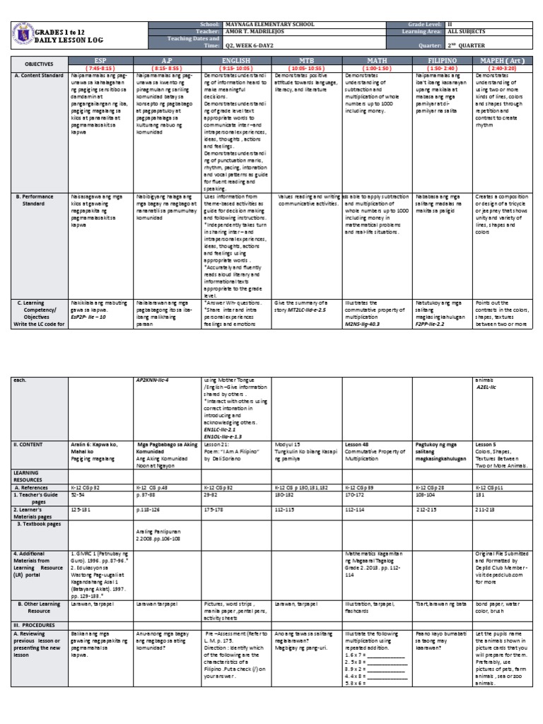 Grade 2 Daily Lesson Plan | PDF | Linguistics | Cognitive Science