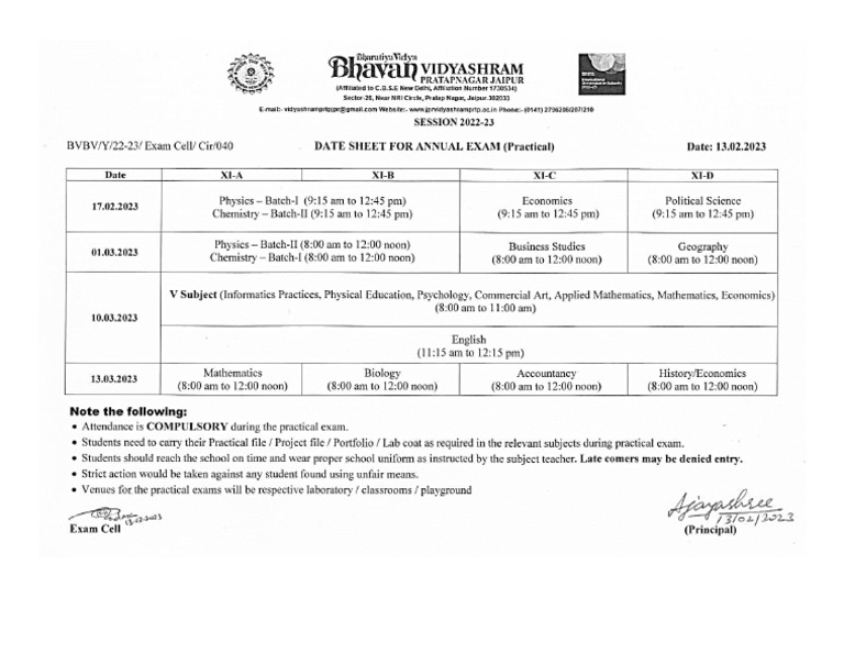 Date Sheet Annual Practical Exam Class XI 202223 | PDF