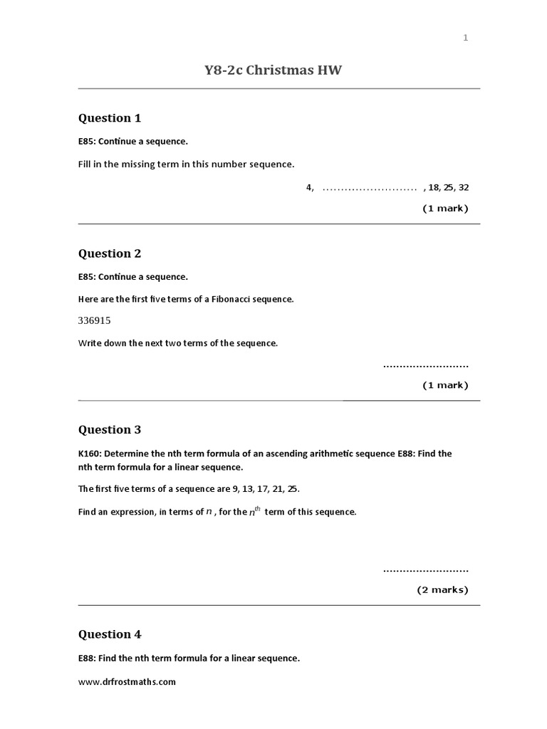 Y8-2c Christmas HW: Fill in The Missing Term in This Number Sequence ...