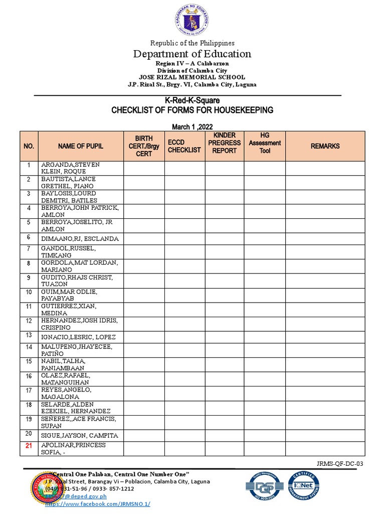 Checklist of School Records For Housekeeping 2122 PDF