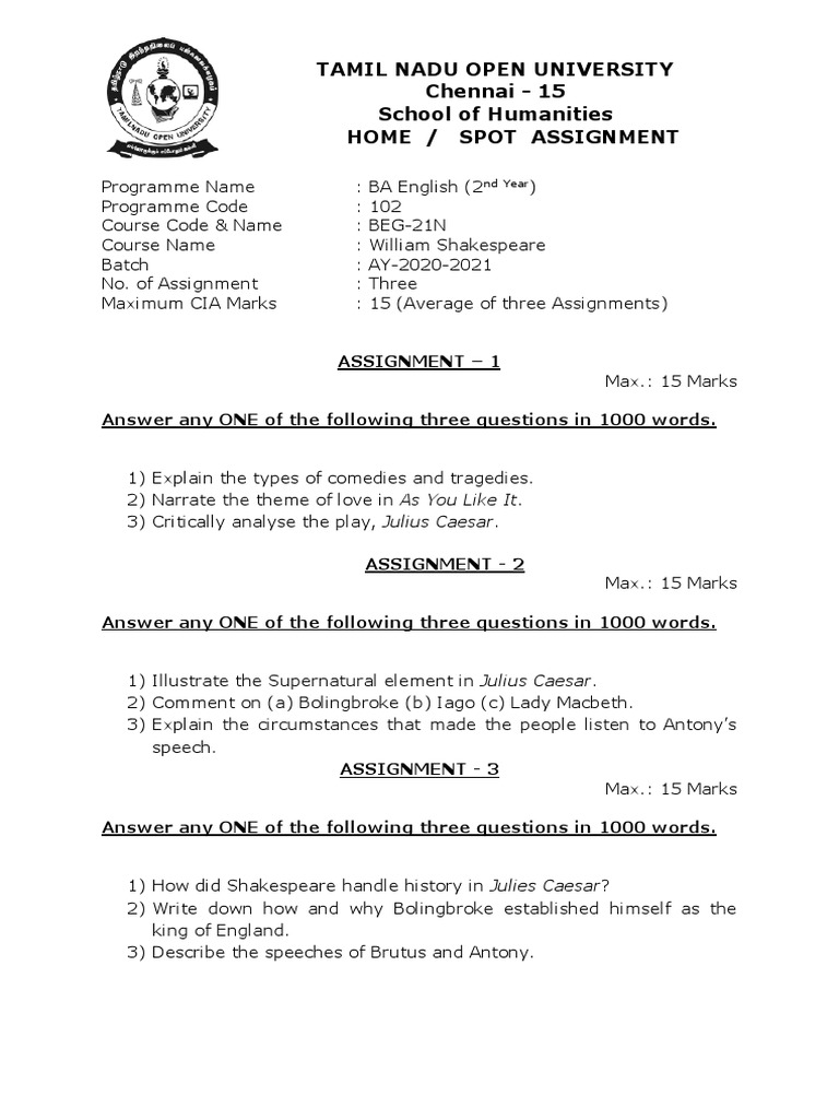 Shakespeare & Romantic Age Assignments for BA English PDF William