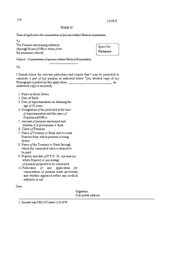 Form D Form of Application For Commutation On Pension Without Medical