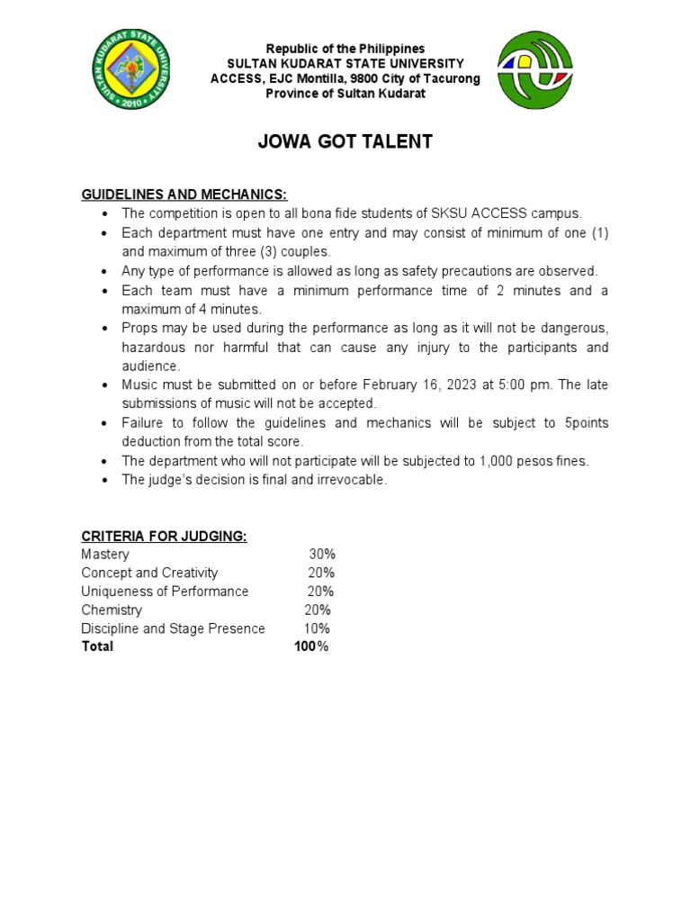 Valentines Escapade Competitions Criteria And Guidelines Pdf