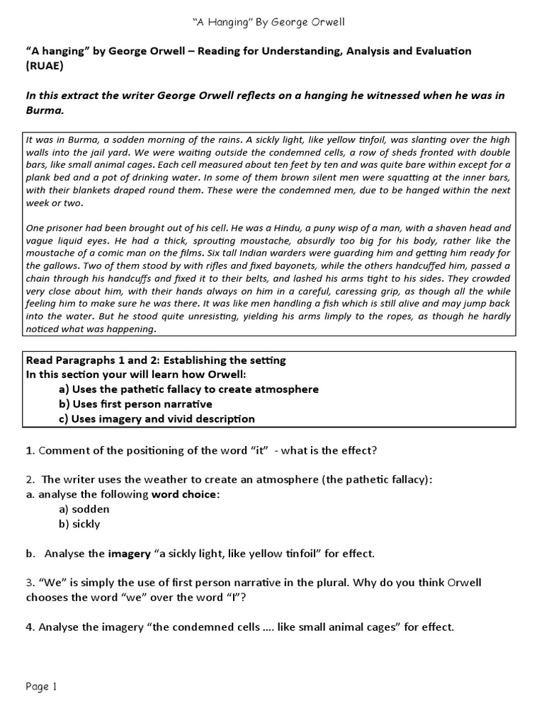 Orwell A Hanging - Close Reading | PDF | George Orwell | Hanging