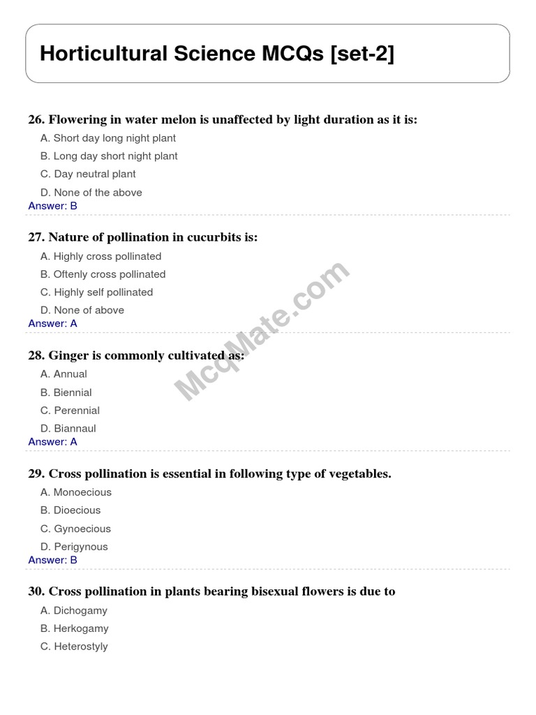Horticultural Science Solved MCQs (Set2) PDF Pollination Seed