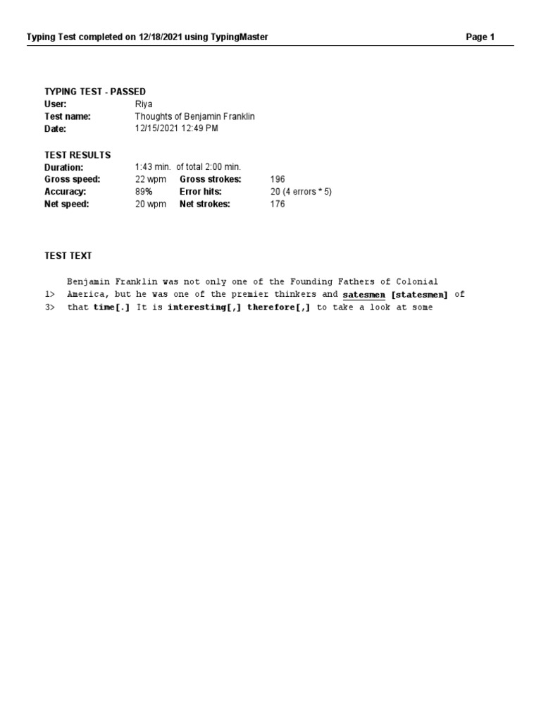 Typing Test Results for Riya | PDF