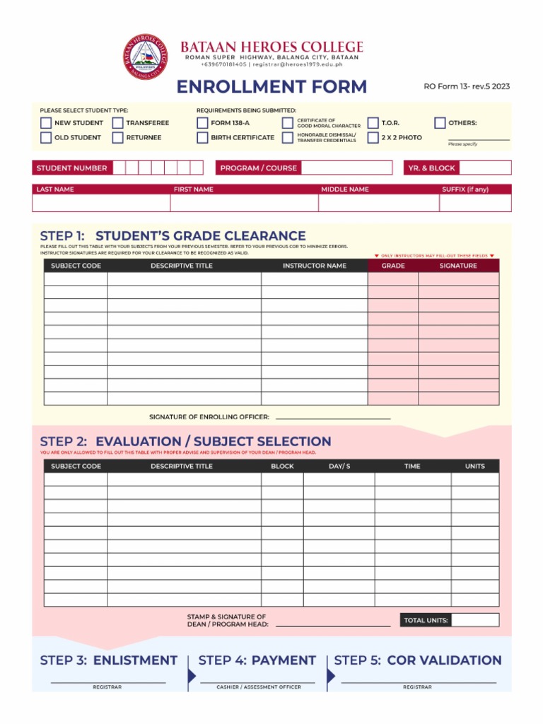 Bataan Heroes College Enrollment Form 2023 v21823r5 | PDF