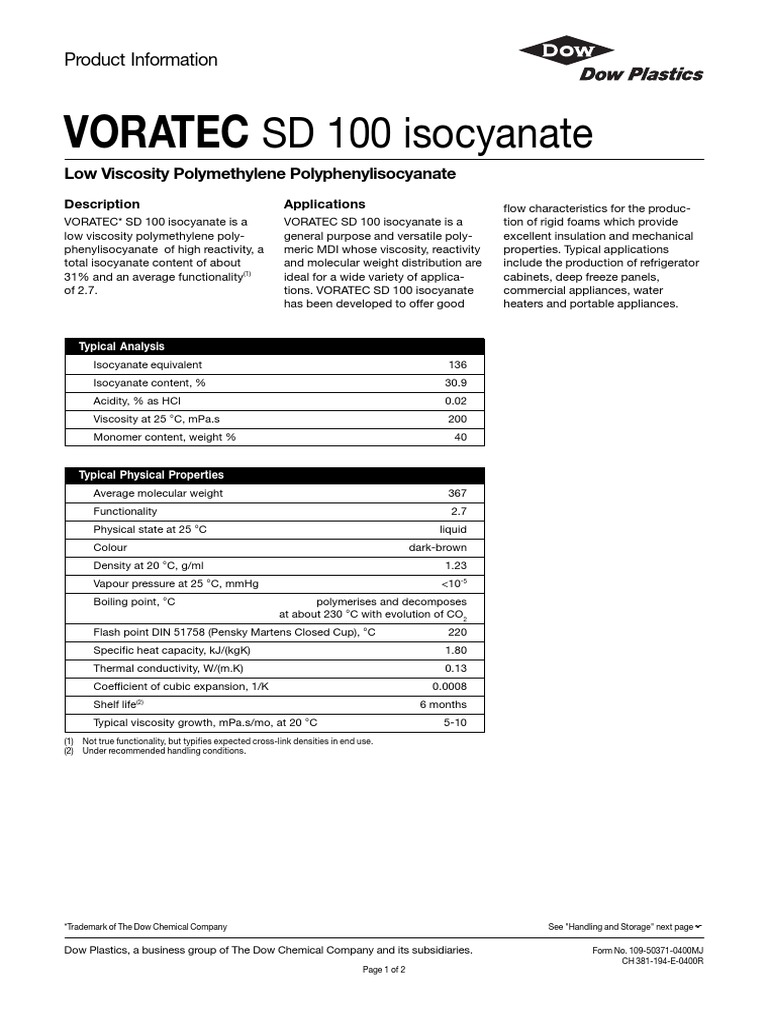 Dow Mdi Voratec SD 100 Isocyanate | PDF | Viscosity | Breathing