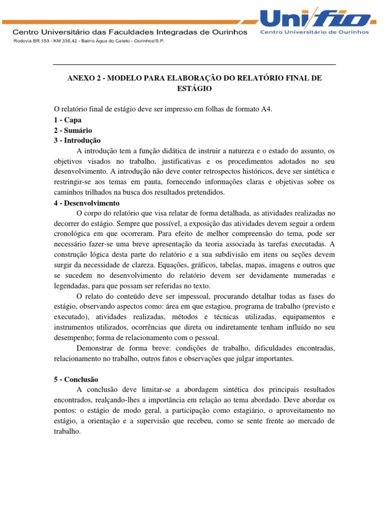 Anexo 2 - Modelo de Relatório Final de Estágio Obrigatório | PDF