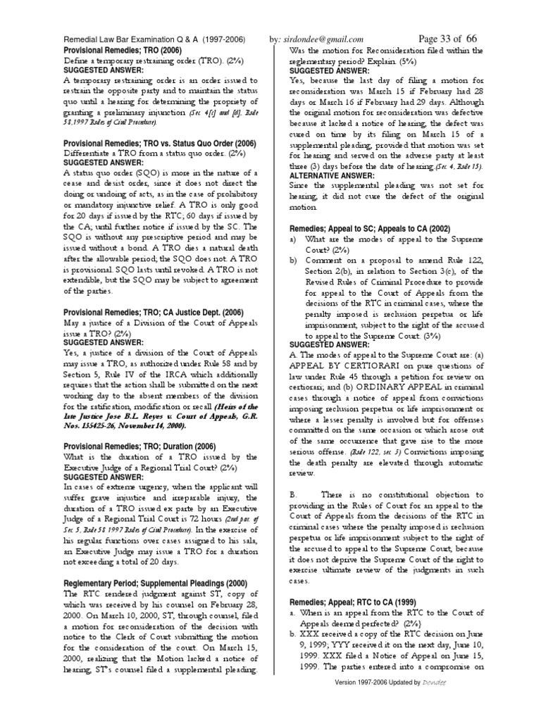 Bar Questions and Answers Remedial Law 1997 2006-33-38 | PDF | Lawsuit ...