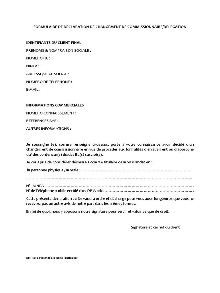 Changement de Commissionnaire Formulaire | PDF