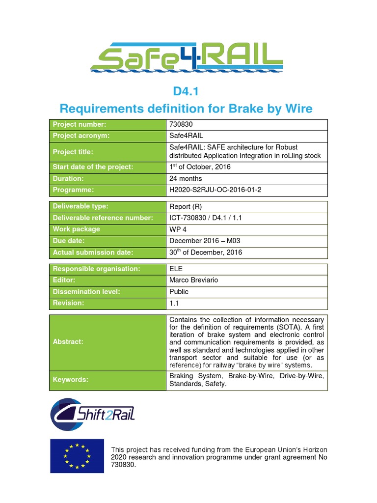 Safe4RAIL D4.1 Requirements Definition For Brake by Wire PU M3 PDF