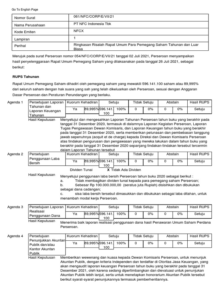 RUPS Tahunan: Go To English Page | PDF | Teknologi & Rekayasa