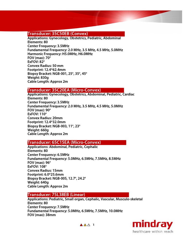 Mindray Medical Ultrasound Transducer Specifications PDF
