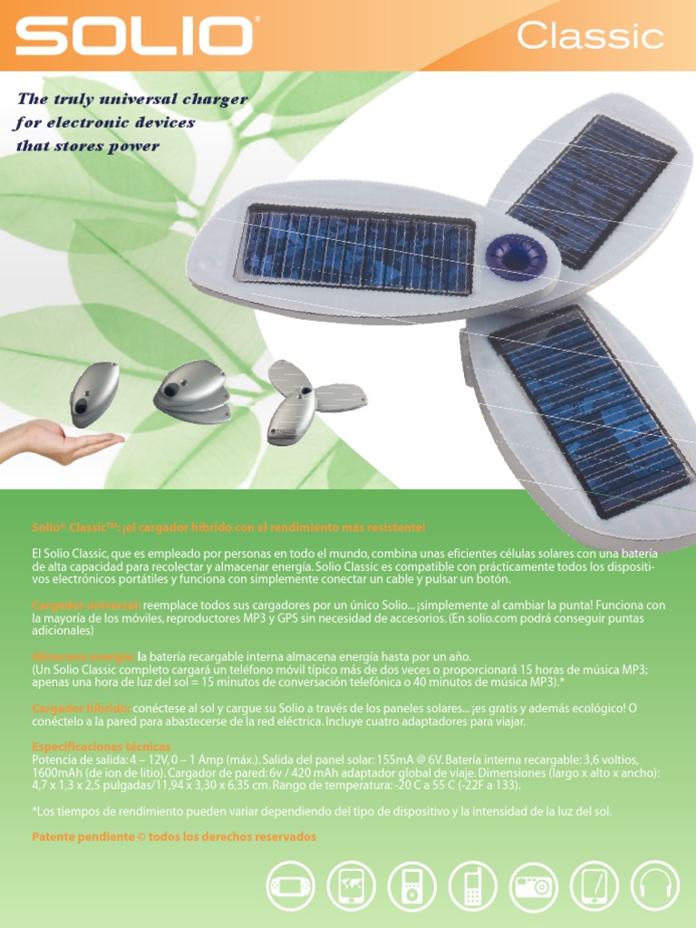 Cargador Solar Solio Classic: Eficiencia Universal | PDF | Tecnología