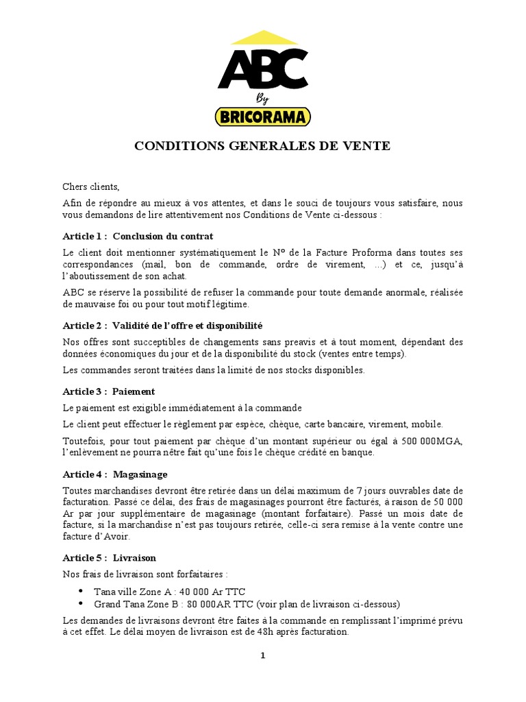 Conditions Générales de Vente ABC | PDF | Facture | Sodles