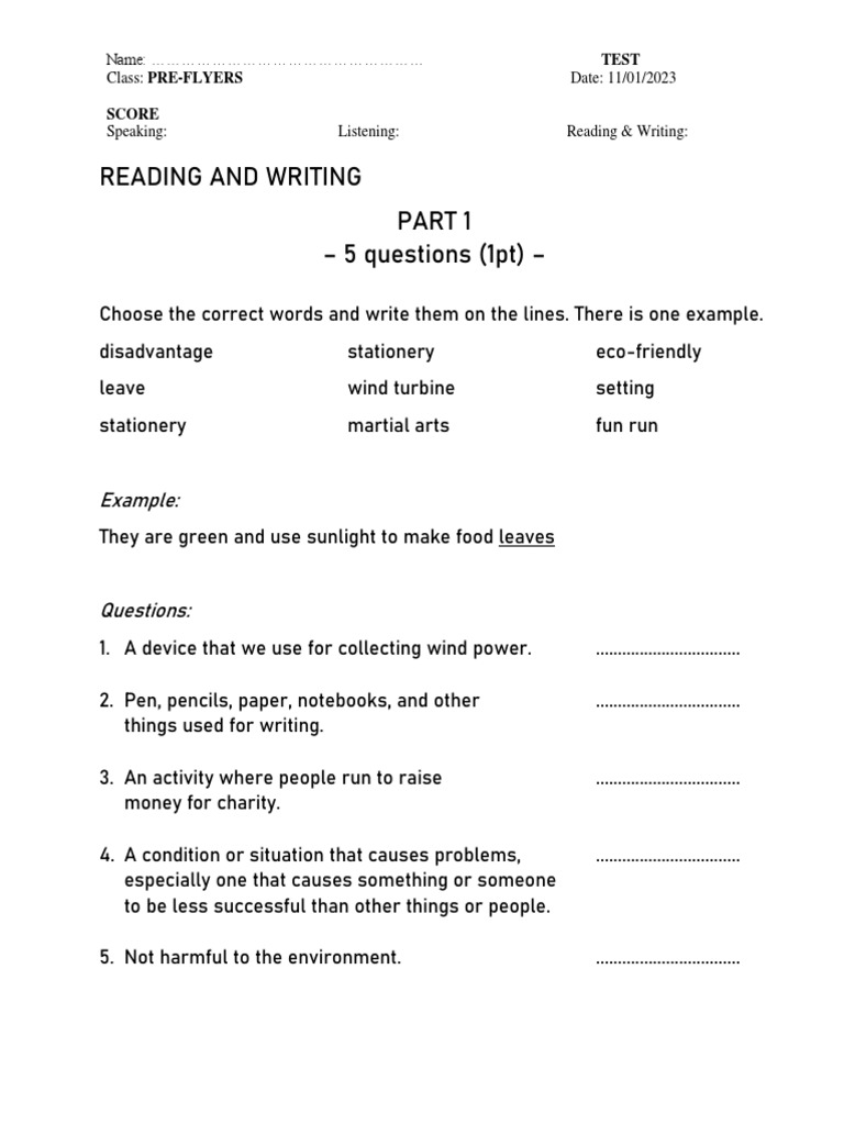 Reading and Writing Test (For Flyers) PDF Singapore World Politics