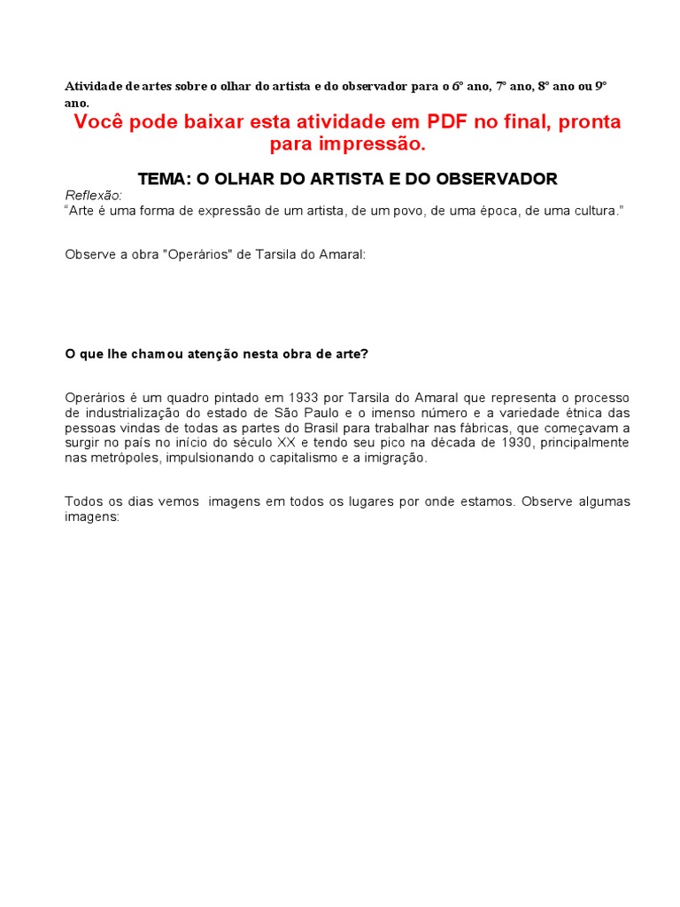 ATIVIDADE DE ARTES - O OLHAR DO ARTISTA E DO OBSERVADOR - TUDO SALA DE AULA  (1) - Arte e Cultura Popular